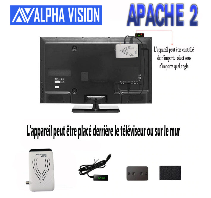 صورة تعرض جهاز استقبال AlphaVision Apache 2 باللون الأزرق، مع جهاز التحكم عن بعد.