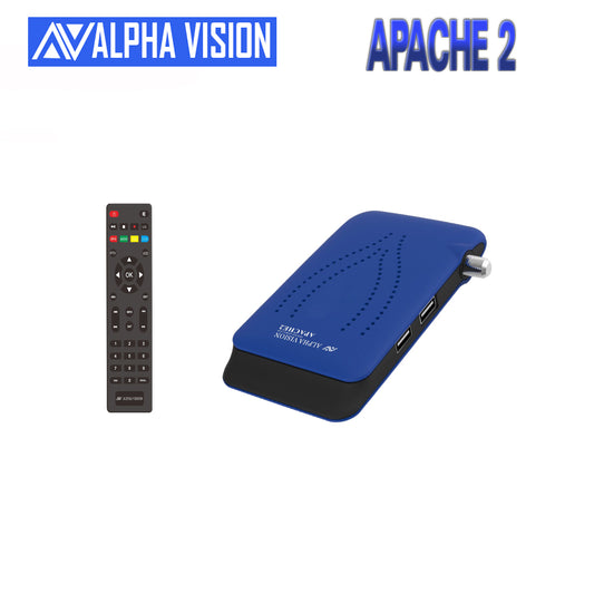 صورة تعرض جهاز استقبال AlphaVision Apache 2 باللون الأزرق، مع جهاز التحكم عن بعد.