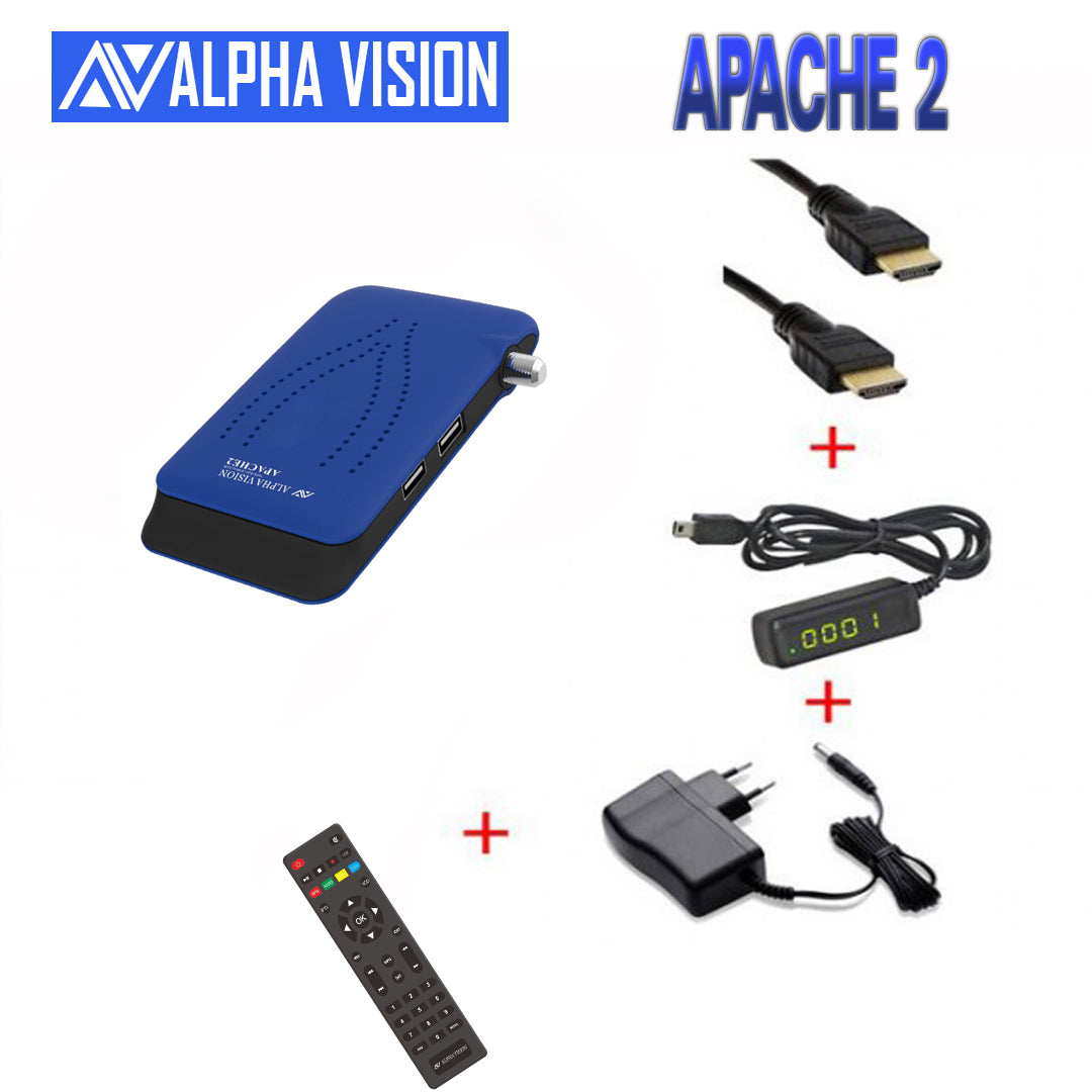 صورة تعرض جهاز استقبال AlphaVision Apache 2 باللون الأزرق، مع جهاز التحكم عن بعد.