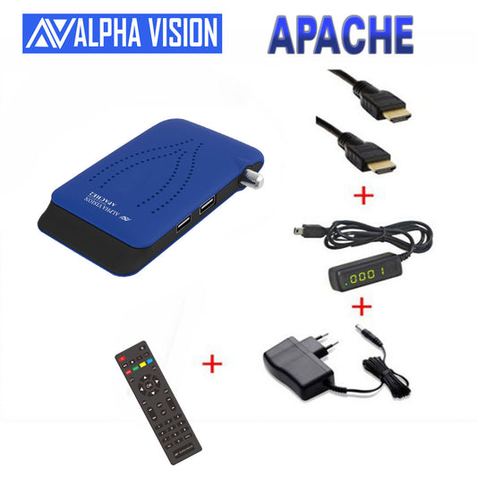 جهاز استقبال AlphaVision Apache HD بلونين الأبيض والأزرق مع جهاز التحكم عن بعد.