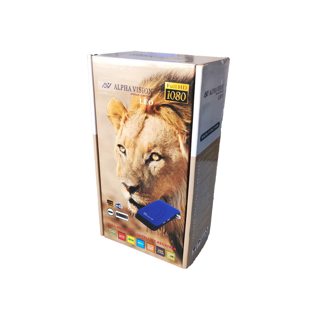 جهاز استقبال AlphaVision Leo باللونين الأبيض والأزرق مع جهاز التحكم عن بعد.