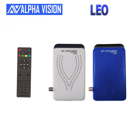 جهاز استقبال AlphaVision Leo باللونين الأبيض والأزرق مع جهاز التحكم عن بعد.