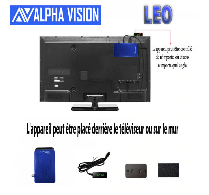 جهاز استقبال AlphaVision Leo باللونين الأبيض والأزرق مع جهاز التحكم عن بعد.