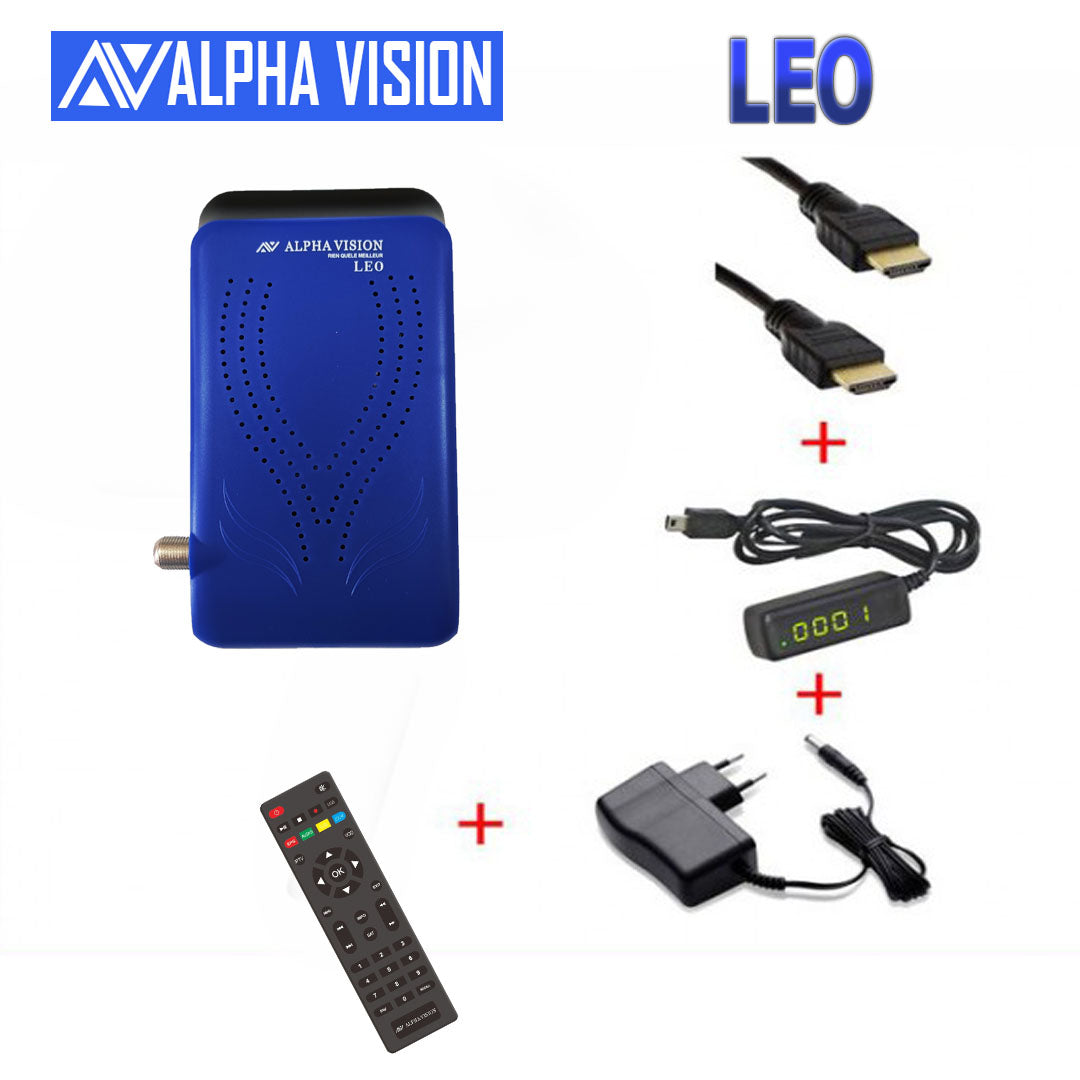 جهاز استقبال AlphaVision Leo باللونين الأبيض والأزرق مع جهاز التحكم عن بعد.